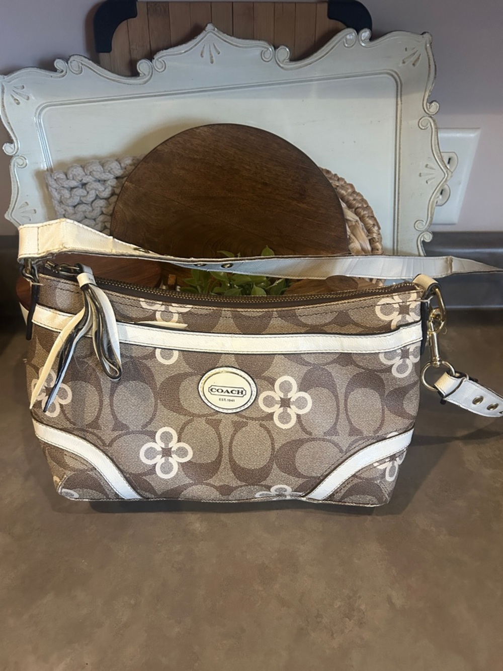 Signature Canvas Shoulder Bag in Beige and White **READ**